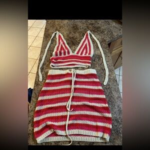 Fashion Nova Red and White Striped Skirt Set